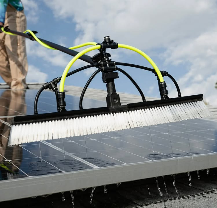 Water-fed brush cleaning solar panels